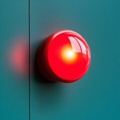 Poster - Industrial Safety Minimalism Bold Red Emergency Alarm Light on Teal Panel - Urban Emergency Design and Crisis Management Systems for Modern Architecture