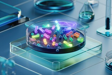 Poster - A petri dish containing vibrant, glowing bacteria, representing scientific research and microbiology.
