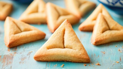 Wall Mural - A triangle shaped cookie sits on a blue table. There are other cookies in the background. The cookies are all the same shape and color