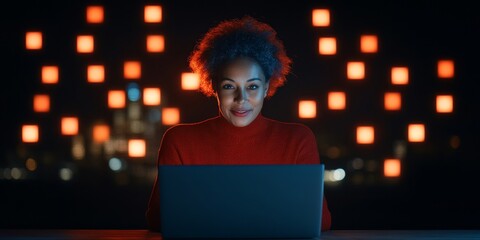 Aufkleber - Dynamic Remote Work Aesthetic Woman in Red Sweater Engaged in Video Chatting, Symbolizing Digital Professionalism and Modern Communication Tools