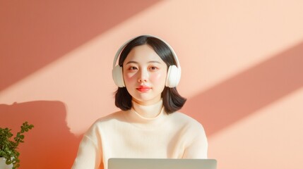 Aufkleber - Scandinavian Minimalism Korean Woman in Cozy Knitwear Engaged in Remote Work - Digital Collaboration and Virtual Communication in Modern Home Office