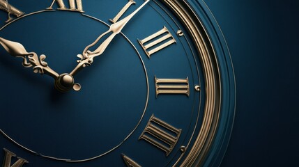 Leinwandbilder - Elegant vintage clock against a deep blue background displaying intricate gold details and Roman numerals for the time. Generative AI