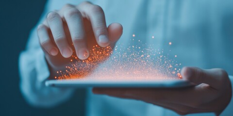 Fototapete - Holographic Cyber Defense Interface Interactive Touchscreen with Light Particles - Real-Time Threat Monitoring and Incident Response for Tech-Driven Security Professionals