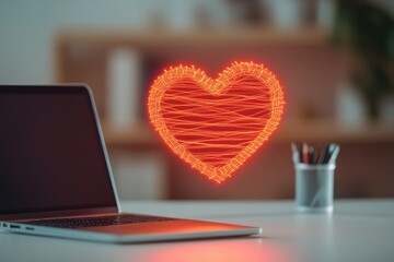 Aufkleber - Neon Glow Digital Heart Over Laptop Futuristic Tech Aesthetic for Charity Campaigns and Remote Connection Marketing