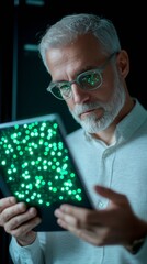 Aufkleber - Cybersecurity Aesthetic Silver-Haired Man Accessing Virtual Network on Tablet in Modern Office - Corporate Data Protection and Secure Login Innovation for Tech Industries