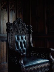 Wall Mural - A black chair with carved designs sits in a dark room. The chair is made of wood and leather, and it is an antique. The room is dimly lit, which adds to the chair's mysterious and elegant atmosphere