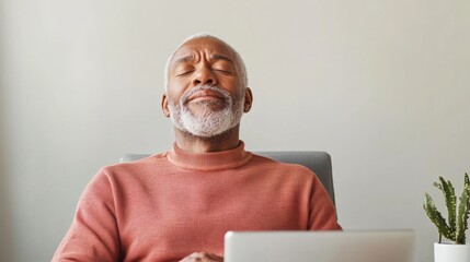 Poster - Mid-Century Modern Workspace African American Man in Business Casual Practicing Mindfulness with Tech - Enhancing Office Wellness and Mental Health