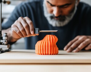 Aufkleber - Innovative Urban Prototyping Middle-Aged Indian Man in Clean Workspace Handling Vibrant Orange Print - Modern DIY Fabrication for Creative and Professional Applications