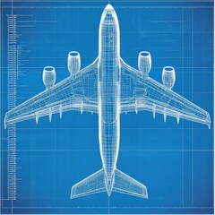 Fototapete - Blueprints of a commercial airplane design on a blue background with detailed specs. Generative AI