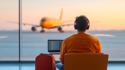Poster - Urban Nomad Office Young Indian Professional with Laptop and Headphones in Airport Lounge - Flexible Tech Workspace for Global Entrepreneurs and Mobility Solutions