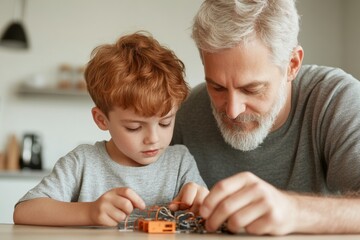 Fototapete - Contemporary Family Tech Workshop Inclusive Father-Son Bonding with Raspberry Pi in Bright Home Kitchen - Inspiring Smart Home Innovations and STEM Learning for Modern Parent-Child Engagement