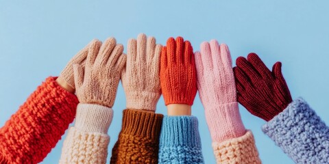 Aufkleber - Colorful Knitwear Collaboration Diverse Hands in Cozy Woolen Gloves Forming Unity on Pastel Blue - Creative Winter Campaign and Inclusive Fashion Branding