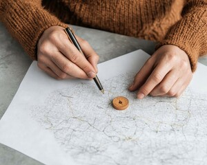 Poster - Tactile Map Exploration Handcrafted Parchment with Compass - Artisan Travel Planning for Modern Explorers in Sustainable Adventure Tourism and Cultural Navigation