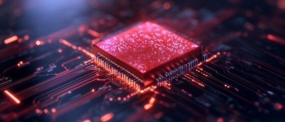 Poster - Holographic Tech Regulation Display Data Visualization of Red Circuit Boards - Advanced Oversight Solutions for Modern Digital Compliance in Tech Industry