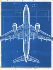 Fototapete - Detailed technical blueprints showing the design and structure of a commercial airplane on a blue background. Generative AI