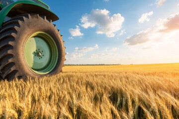 Poster - Golden Wheat Field with Tractor Wheel Rustic Agricultural Landscape - Enhancing Sustainable Farming Practices for Modern Agritech Solutions