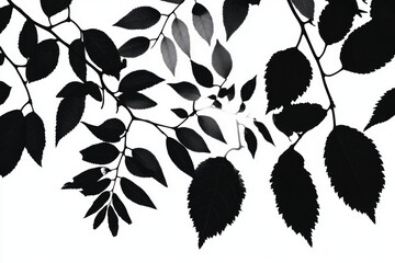 Black and white silhouette of leafy tree branch on a gray background. Natural organic texture with distinct shade patterns.
