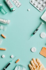 Poster - Scandi-Inspired Medical Essentials Flat Lay of Syringes, Pills and Gloves on Pastel Surface - Modern Healthcare Imagery for Clinics and Digital Health Campaigns