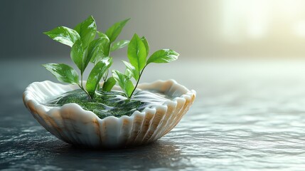 Wall Mural - Plants sprout in seashell, water, calm background, nature concept