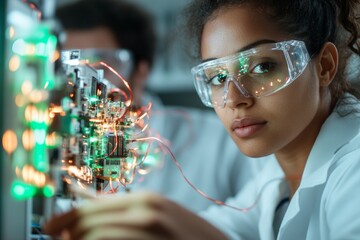 Fototapete - Innovative Electronics Lab Young Professionals Soldering Circuits in a Modern Workshop - Tech Skills Development and Safety in Vocational Education