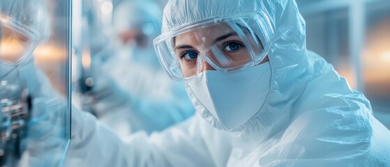 Poster - Futuristic Tech Regulation Workers in Advanced PPE with Glass and Metal Machinery - Enhanced Safety Protocols in Manufacturing for Innovation and Industry Standards
