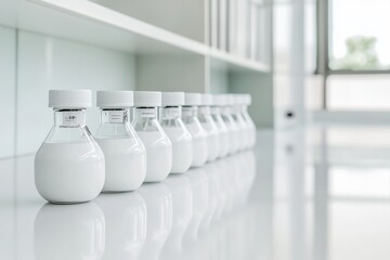 Poster - Minimalist Lab Design Sleek White Bottles with Air Quality Solutions in Precision Lab - Cutting-Edge Research Visuals for Healthcare Innovation Marketing