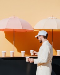 Poster - Contemporary Street Cafe Minimalist Food Truck with Barista in Urban Plaza - Vibrant Pop-Up Space and Sustainable Coffee Culture for Trendy Urbanites