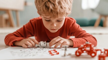 Poster - Tech-Savvy Youth Engaged Caucasian Boy, 10, Creating Robot on Stylish Wooden Floor - Inspiring Educational Content and Interactive STEM Innovation for Modern Playrooms