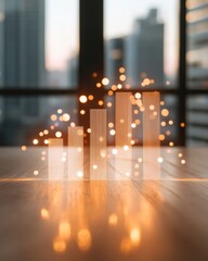 Poster - Augmented Reality Bar Graph Illuminated Data Visualization on Wooden Desk in Glass-Walled Office - Business Innovation and Digital Marketing for Tech-Driven Productivity
