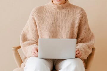 Poster - Minimalist Home Office Young Professional Woman in Textured Knitwear on a Laptop - Remote Work Content and Digital Collaboration for Modern Business Strategy