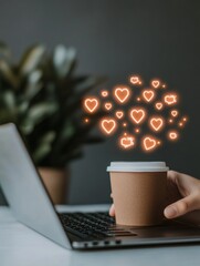 Poster - Contemporary Blogger Workspace Eco-Friendly Coffee Cup and Digital Laptop Setup with Social Icons - Trendy Content Creation and Influencer Branding for Modern Marketing