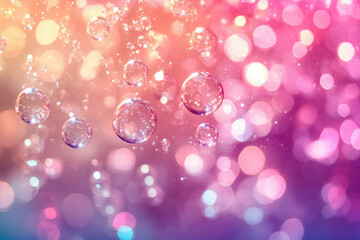 Poster - Floating iridescent bubbles against a bokeh backdrop of pink, purple, and orange lights.