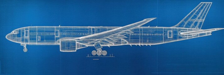 Fototapete - Blueprint design of a commercial airplane showcasing detailed technical specifications and structural features. Generative AI