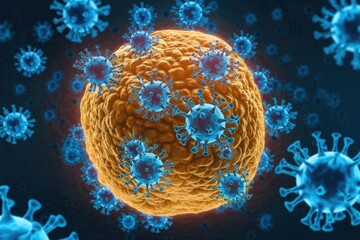 Poster - Microscopic view of numerous viruses attacking a human cell, highlighting the cellular infection process.