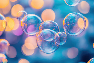 Poster - Close-up of iridescent soap bubbles floating against a bokeh background of warm and cool colors.