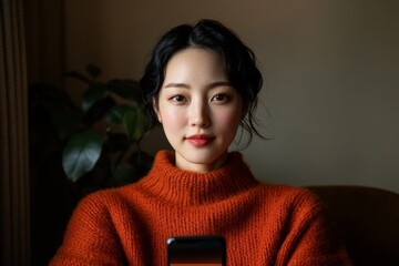 Aufkleber - Vibrant Mobile Portraiture Korean Woman Editing Images on Smartphone in Cozy Cafe Setting - Social Media Enhancements and Digital Marketing Innovations