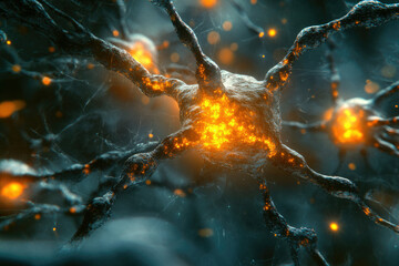 Aufkleber - Microscopic view of neuron firing, intricate network of neural connections transmitting signals.