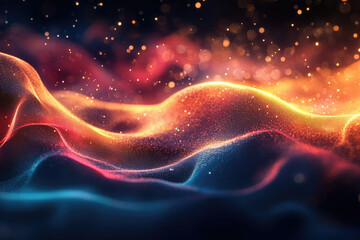 Poster - Abstract art depicting vibrant, glowing particles forming dynamic waves in a dark background.