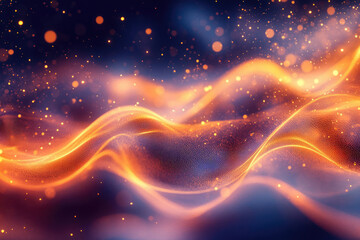 Poster - Abstract orange and blue wave with glowing particles, digital art, vibrant energy.