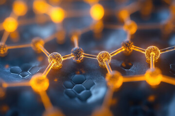 Poster - Microscopic view of glowing molecular structure, intricate network of atoms and bonds.