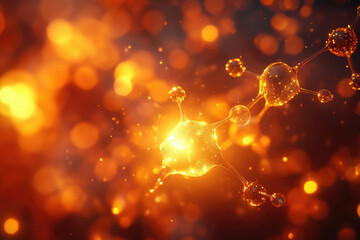 Fototapete - Glowing golden molecule model abstract background. Science, technology, and innovation concept.
