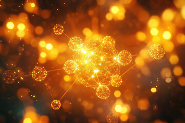 Fototapete - A glowing golden molecule model, complex network structure, abstract science background.