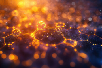 Fototapete - Abstract 3D rendering of glowing molecules connected in a network, representing scientific concepts like chemistry, nanotechnology, or molecular structures.