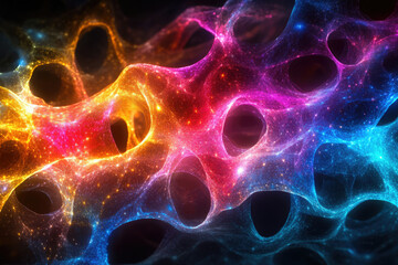 Poster - Abstract vibrant cosmic network with glowing particles and interconnected nodes forming a mesmerizing pattern.