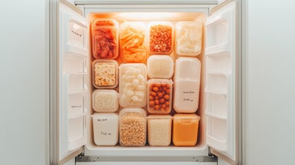 Poster - Minimalist Meal Prep Fridge Curated Glass Containers with Handwritten Labels for Urban Kitchen Efficiency - Food Waste Reduction and Sustainable Living Innovations
