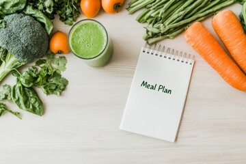 Aufkleber - Vibrant Meal Planning Fresh Vegetables and Green Smoothie on Light Wood - Holistic Nutrition Display for Modern Health Branding and Eco-Friendly Dining Solutions