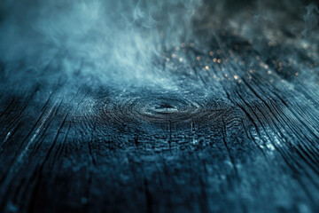 Fototapete - Dark, textured wooden surface with blue tones, smoke, and subtle light sparkles.