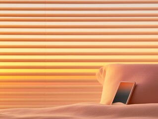 Aufkleber - Minimalist Smart Home Bedroom Sunset Glow with Automated Blinds and Ambient Lighting for Ultimate Comfort - Tech-Driven Interior Solutions for Modern Living Spaces