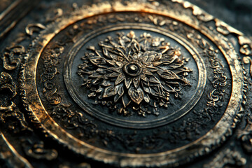 Aufkleber - Intricate, dark gold circular medallion with embossed floral mandala and ornate border.