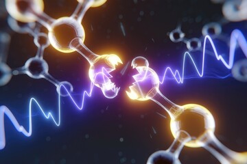 Poster - Abstract visualization of molecular bonds breaking and energy waves, showcasing atomic interactions and energy transfer.